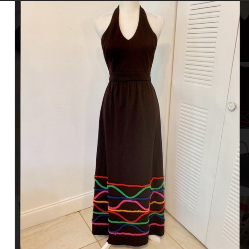 Vintage 70s Halter Neck Black Maxi Dress with Multicolored Striped Ruffled Trim - Picture 2 of 9